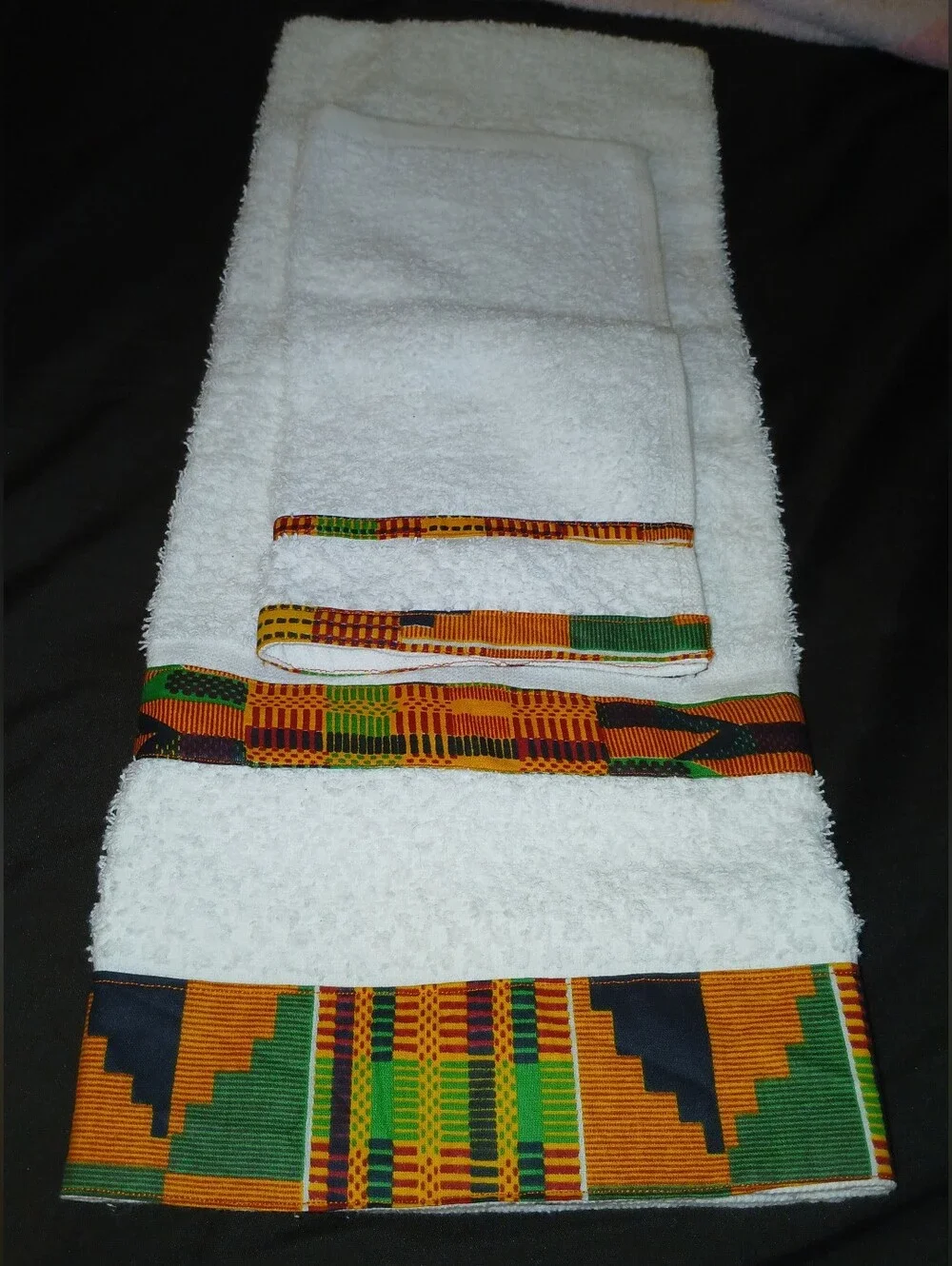 NWT Handcrafted White Bath Towel Set with Kente Trim.